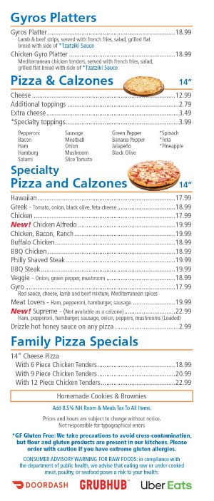 Pizza menu